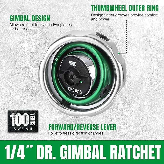 SK 1/4" Drive Gimbal Ratchet, 72 Tooth Gimbal Palm Ratchet, with Reversible Lever, Ideal for Tight Space