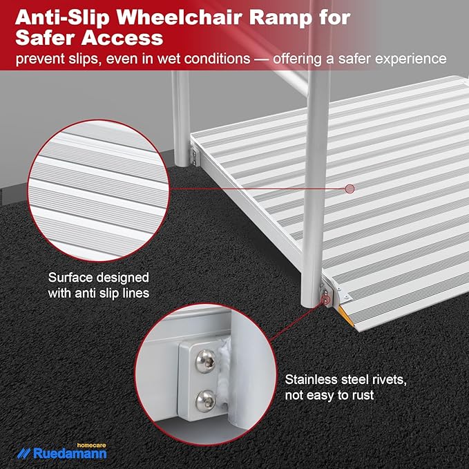 Ruedamann 3'L x 36" W Aluminum Wheelchair Ramp with Handrails, 600 Lbs Capacity Threshold Ramp for Home Steps Stairs Curbs, Non-Slip Access Ramp, Doorway Ramps for Wheelchairs Scooters Carts Walkers