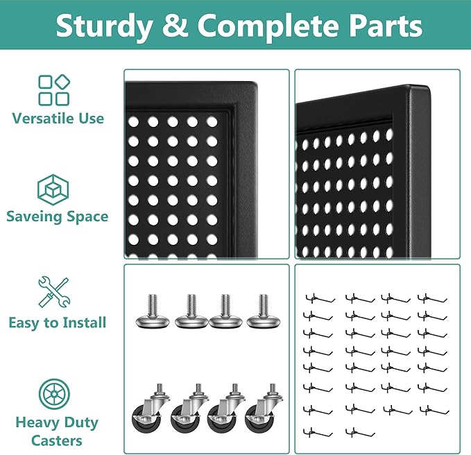 Peg Board Display Stand 24" X70” Metal Pegboard on Wheels Standing Rack Organizer Panels Units with 30 Hooks and T-Base for Ornament Retail & Vendors Craft Show Store Display