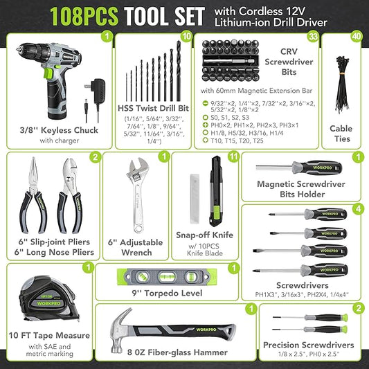 WORKPRO Home Tool Kit with Power Drill, 108PCS Power Home Tool Set with 12V 1.5 Ah Battery Powered Screwdriver and Tool Box, Electric Cordless Drill Set with Keyless Chuck and Variable Speed Trigger