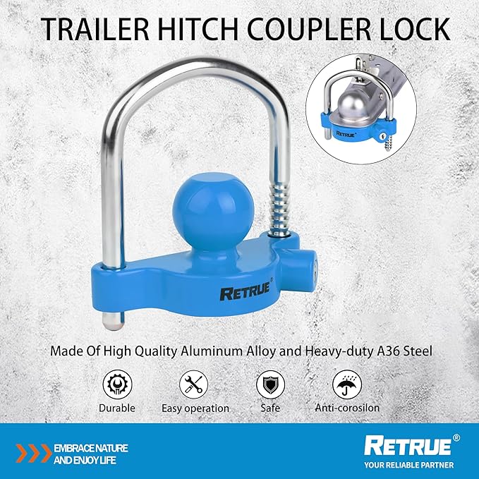 RETRUE Universal Coupler Lock Trailer Locks Ball Hitch Trailer Hitch Lock Adjustable Security Heavy-Duty Steel Fits 1-7/8 Inch, 2 Inch, 2-5/16 Inch Couplers, Baby Blue