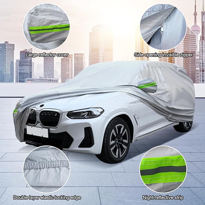 Full Car Cover Universal 6 Layers Outdoor Thicked All Weather Cover, Sunshield, Waterproof, Snow Proof, UV Proof, Scratch Proof, Bird Droppings, 6 Reflective Strips, Fits Sedans up 197"-208"