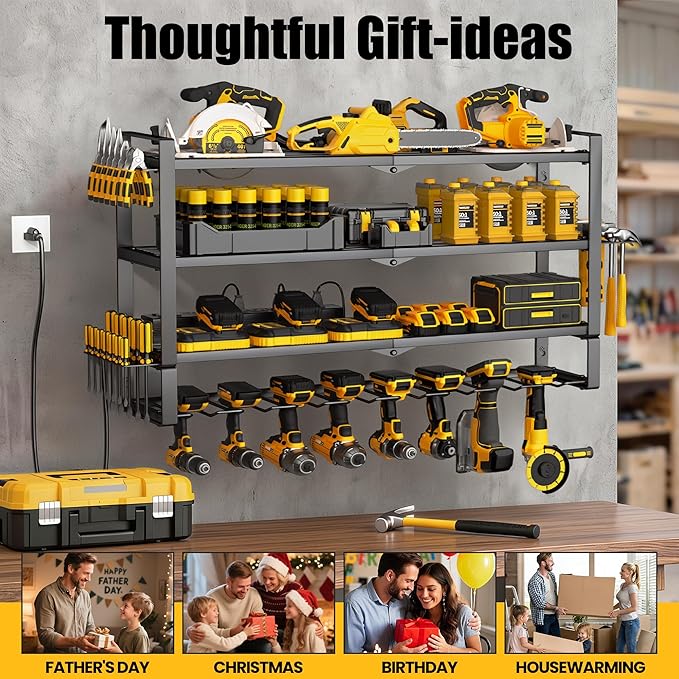 MOOMSINE Large Power Tool Organizer Wall Mount with Charging Station, 400lbs Metal Storage Rack with 8 Cordless Drill Holder, 4 Tier Heavy Duty Battery Tool Shelf with 5 Outlet Power Strip for Garage