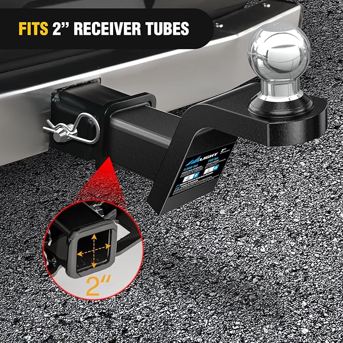 Nilight Fusion Trailer Hitch Mount w/Welded 2 Inch Trailer Ball & Hitch Pin, Fits 2 Inch Receiver, 7500 lbs 2" Rise