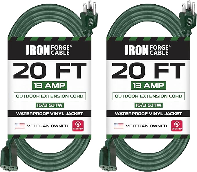 Iron Forge Cable 2 Pack Weatherproof 20 Ft Outdoor Extension Cord - 16/3 SJTW Heavy Duty Green Extension Cord 3 Prong - 13 Amp Exterior Power Cable