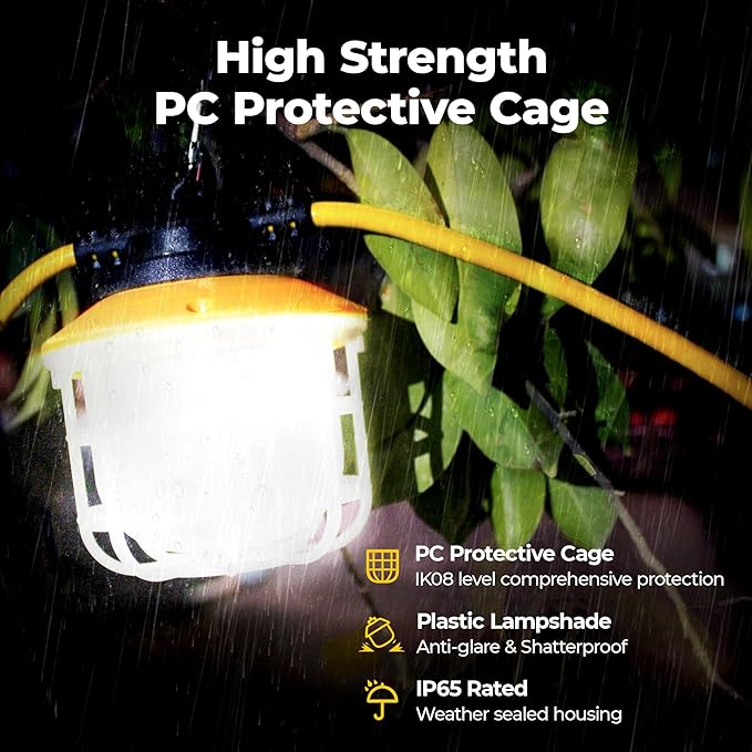 100FT Construction String Lights: 3 Prong 150W Ultra-bright 21000 lumens ETL Listed Linkable Industrial Outdoor Temporary Lighting IP65 Waterproof Hanging Led Work Light for Attic Jobsite Garage Shop