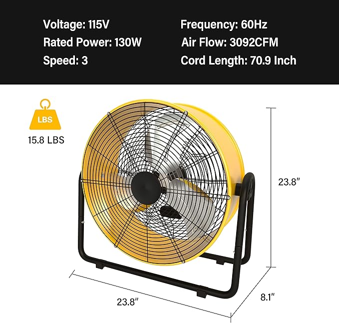 Simple Deluxe 20 Inch Heavy Duty Metal Industrial Drum Fan, 3 Speed Floor Fan for Factory and Basement, Warehouse and Workshop, High Velocity, Yellow