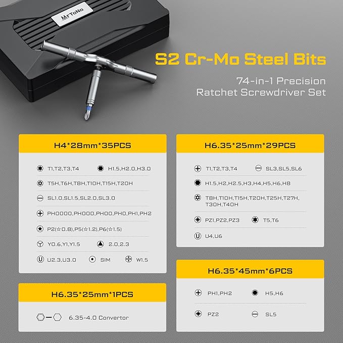74 in 1 Magnetic Screwdriver Set, Ratchet Screwdriver Set with Detachable Allen Wrench T Handle & Storage Case, Gift for Men & Dad，Repair Tool Kit for Furniture, Electronics, Bicycle, DIY, Gadget