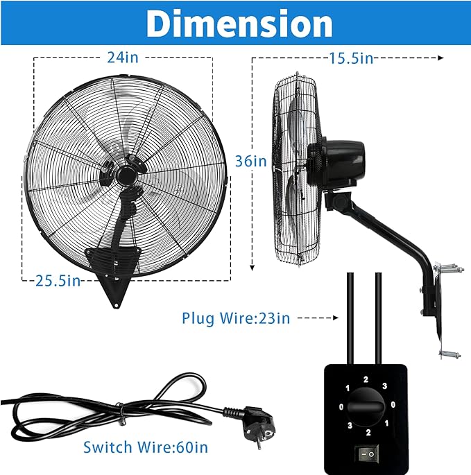 AZOUTDOOR 24" Wall Mount Fan, 120° Oscillating Fan and High Velocity 3-Speed Wall Fans, 8850 CFM Industrial Outdoor Wall Fans for Commercial, Garage, Residential, Warehouse - Etl Listed, Black