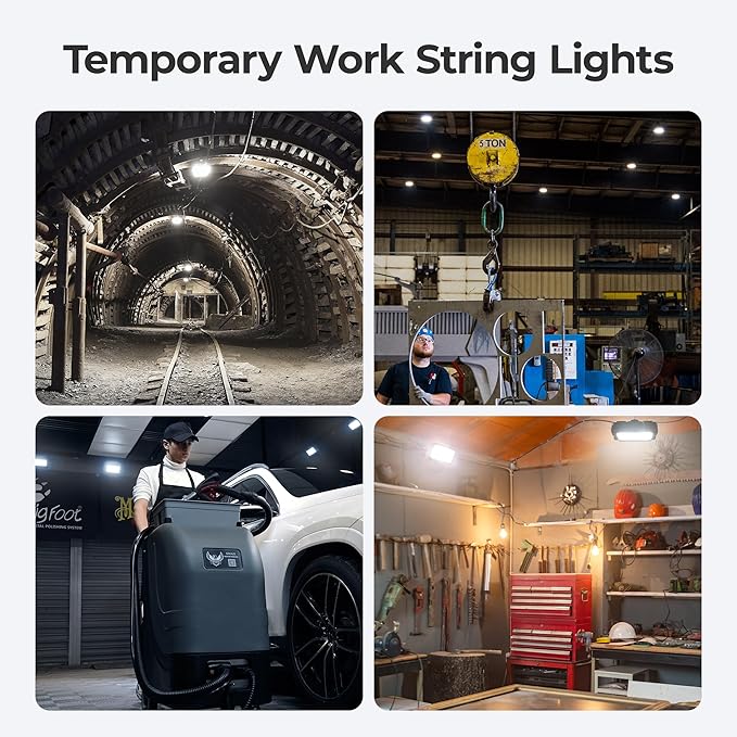 LED Work String Lights: 3 Prong Super Bright 90W 10800LM ETL Listed Linkable Waterproof Outdoor/Indoor Temporary Hanging Lighting for Construction Attic Jobsite Garage