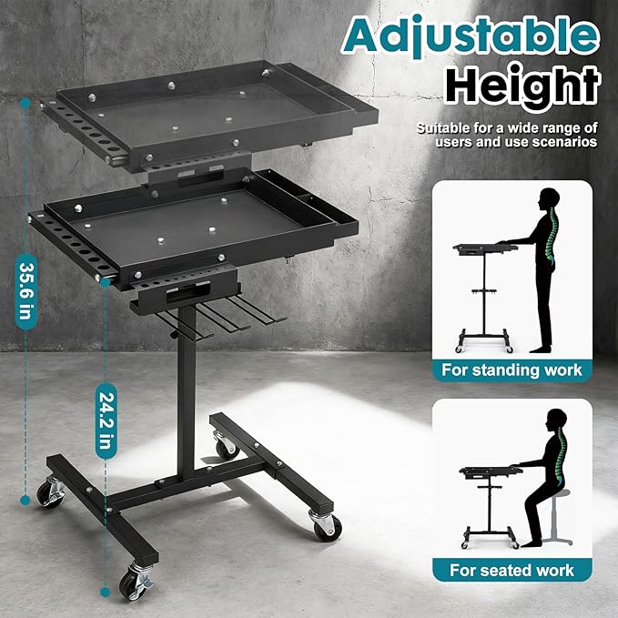 OLBRUS Rolling Work Table Adjustable Height - Rolling Tool Cart with Drills Storage, Portable Mechanic Cart Tool Storage Organizer on Wheels for Garage Bike Work Shop