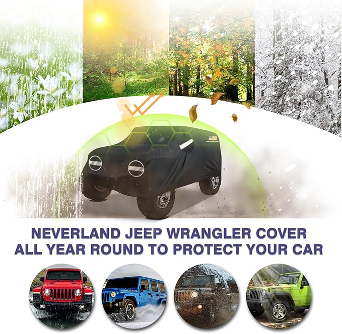NEVERLAND Car Cover for Jeep Wrangler 2 Door Waterproof Car Covers, All Weather Protection Jeep Sun Rain Protection for Wrangler 2 Door Fits JK JL 2007-2025 Outdoor Covers Black with Door Zipper