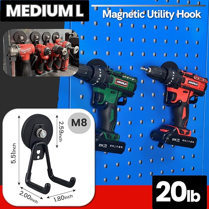 ULIBERMAGNET Heavy Duty Magnetic Garage Hooks Kit,12 Pack Strong Large Magnet Hook for Power Drill,Garden Tools,Hose,Pegboard,Garage, Workshop,Magnetic Storage Hooks for Indoor Outdoor Hanging(Black)