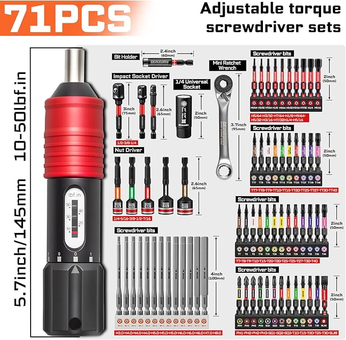 71Pieces Click Torque Screwdriver Set 10-50 lbf.in SAE Hand Torque Screw Driver Tools Kit with 1/4 Inch Universal Socket, Screwdriver Bits, Ratchet Wrench for Tools, Bike Repairing, Mounting