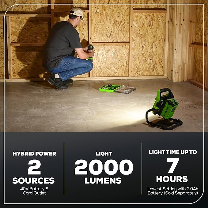 Greenworks 40V (AC/DC) 2000-Lumen LED Work Light, 360° Head Rotation, Tripod Mountable, Portable, Indoor/Outdoor Light, Flood Light, Tool-Only