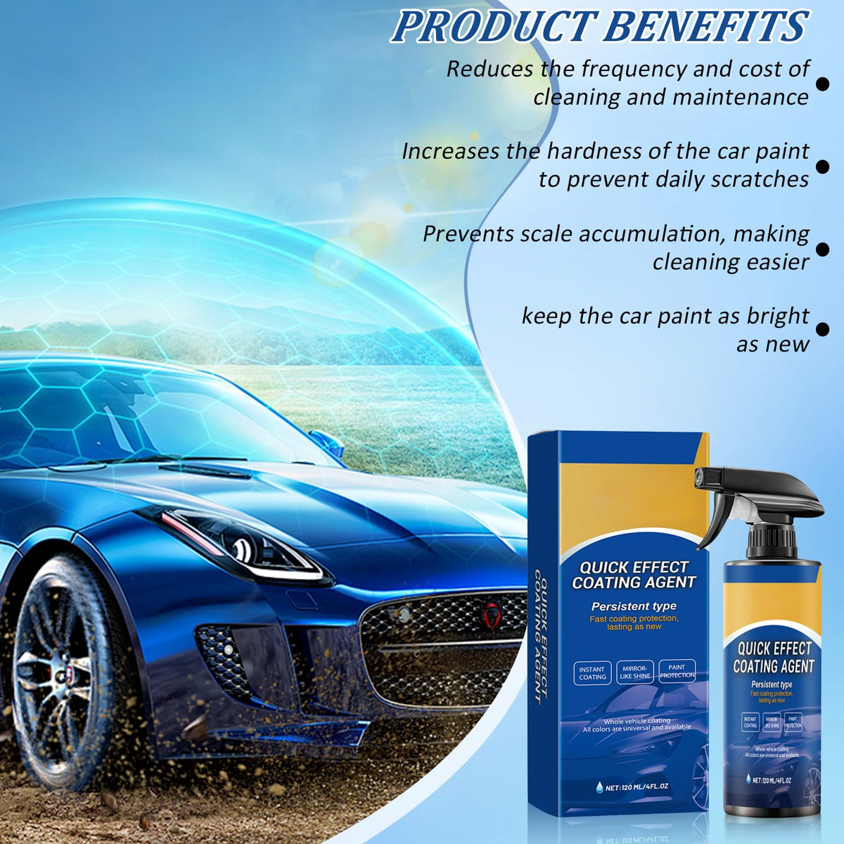 Car Coating Spray,New Quick Effect Coating Agent Spray,Quickly Coat Car Wax,Car Scratch Wax Polish Sprays Waterless Wash,Oil Film Emulsion Glass Cleaner with Sponge and Cloth,4FT.OZ (2PCS)