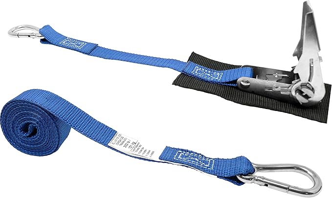 1 Inch Stainless Steel Ratchet Strap, Protective Pad Under Buckle Stainless Steel Carabiner Clip with Grommet On Each End, Fixed End Strap, Total Strap Length 8 Ft