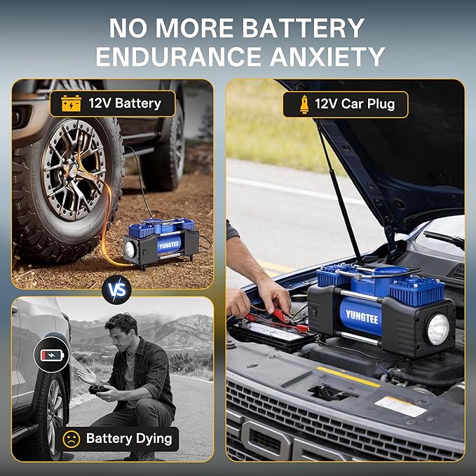 YUNGTEE Blue Tire Inflator Heavy Duty Double Cylinders Direct Drive Inflation Pump,12V Portable Air Compressor Pump with Emergency LED Light - 150PSI Tire Pump,Apply to Car,Suv,RV