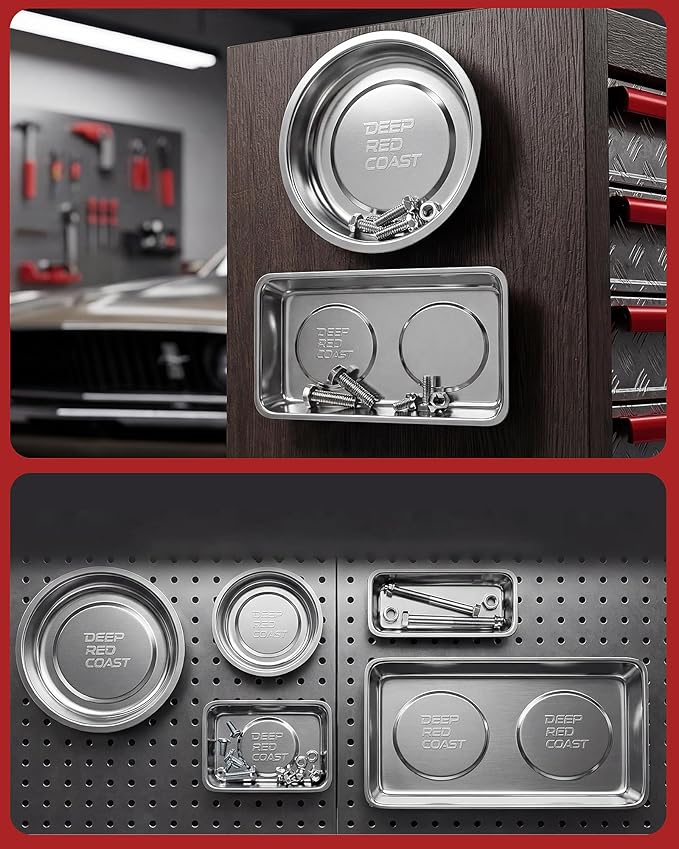 Magnetic Tray 4-Pack, Stainless Steel Magnetic Parts Tray Set, 3 Inch and 6 Inch Round Trays, Square Tray and Shallow Tray, Magnetic Tool Tray for Nuts Bolts Screws, Silver