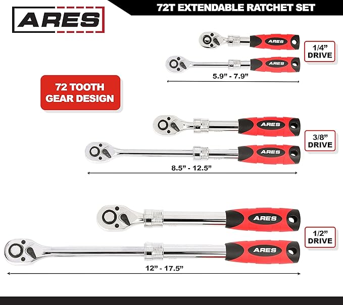 ARES 42055-3-Piece 72-Tooth Extendable Ratchet Set - Chrome Vanadium Steel - Mirror Polish Chrome Finish - Comfort Grip Injection Handle - Quick Release Socket Change - 72-Tooth Reversible Design