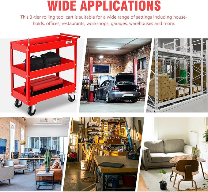 DNA Motoring 3-Layer Steel Utility Service Cart with Casters for Warehouse, Garage, Office, Supports Up to 330 lbs, Red, TOOLS-00413