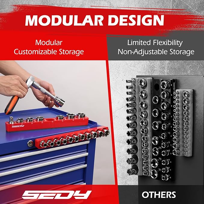 2-Piece 1/2"-Drive Metric Magnetic Socket Organizer Set (Holds 19 Sockets) - Detachable Tool Tray with 5mm Magnetic Base, Screw-Fixed Design & Heavy-Duty Modular Storage for Garage/Home Workshop