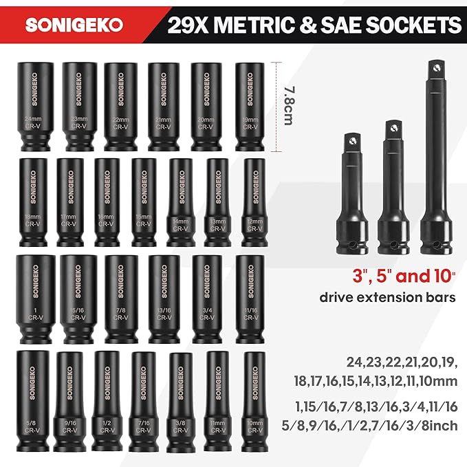 29-Piece 1/2" Drive Impact Sockets Set, 6 Point Deep Standard SAE and Metric CR-V Steel Sockets with 3",5",10" extension bar (Metric and SAE, 1/2" Socket Sets, 29pcs)