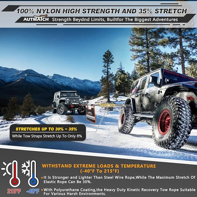 AUTMATCH Kinetic Recovery Tow Rope 1" x 30FT - Heavy Duty Energy Recovery Tow Rope 48000Lbs, 35% Elasticity Offroad Snatch Strap for 4x4 Off-Road Vehicle, Truck, Trailer, ATV, UTV, Gray