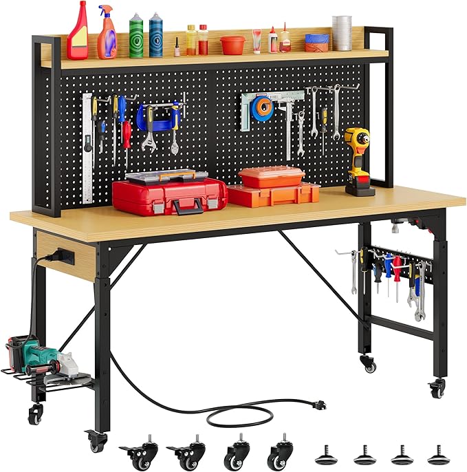 DWVO 60" Adjustable Workbench with Pegboard, Heavy Duty Wood Top Work Bench with Wheels, 1600 LBS Load Capacity, Rolling Work Table with AC/USB Outlet, Hooks, Rack for Garage, Workshop, Office, Home