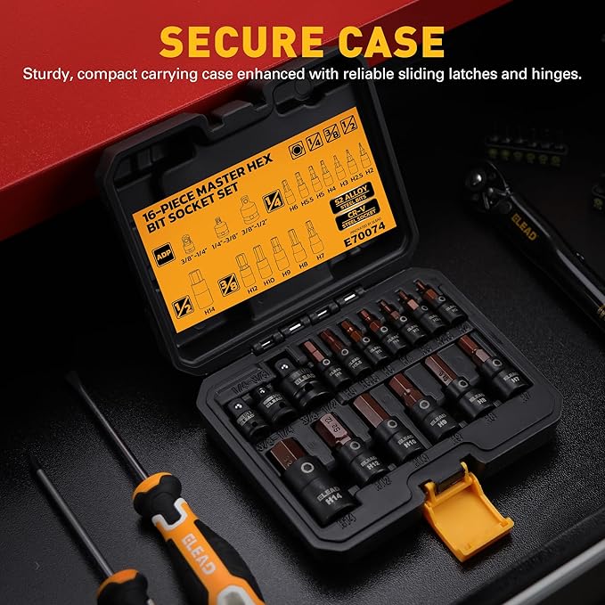 16-Piece Metric Hex Bit Socket Set - Premium S2 Steel 2mm-14mm Allen Socket Set with Socket Adapters, 1/4”, 3/8” and 1/2” Drive | Professional Mechanic Garage Tools