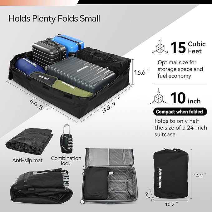 MARCHWAY Waterproof Car Roof Luggage Bag, Weatherproof Soft Shell Rooftop Cargo Carrier Bag for Vehicles with or Without Rack. 6 Door Hooks, Anti Slip Mat, Lock Included (15 Cubic Feet, Orange)