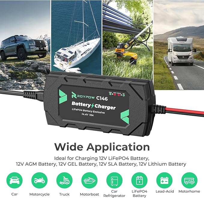12V 10A Lithium Battery Charger, RoyPow 12V 10A LiFePO4 Battery Charger, 12V Automatic Trickle Battery Chargers, 10A Battery Maintainer for LiFePO4 Batteries, Lithium Batteries, Car, Marine