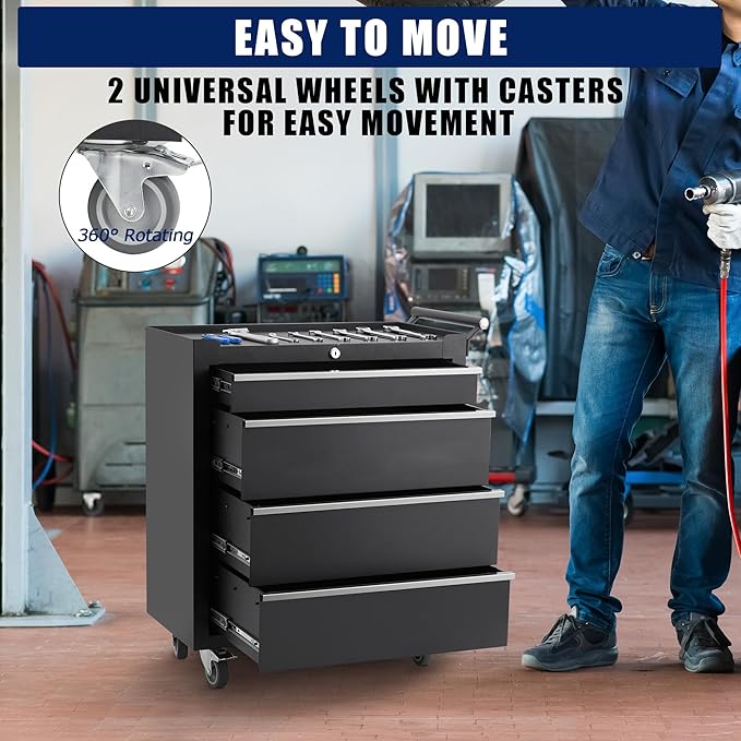 24” Heavy-Duty Rolling Tool Cabinet, 4-Drawer Lockable Steel Tool Chest with 4 Locking Wheels & Reinforced Frame, High Weight Capacity Organizer for Garage, Workshop, and Home Use