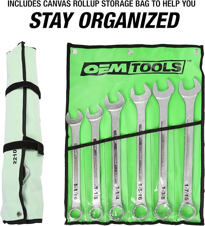 OEMTOOLS 22100 6-PC SAE Jumbo Combination Wrench Set, 1-1/16" to 1-7/16", 12 Pt. Box End Wrenches, 15° Offset for Knuckle Clearance, Chrome Plated Finish with Wrench Roll