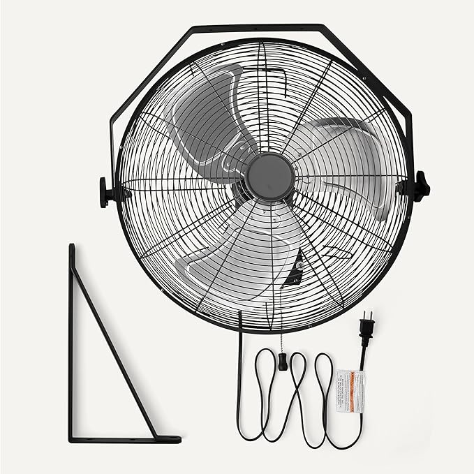 Amazon Basics 18" Indoor Wall-Mounted Industrial Fan with Three Speeds, High CFM, Heavy-Duty Metal Blades, Tilt Head, for Commercial Use, Warehouse, Basement, Black