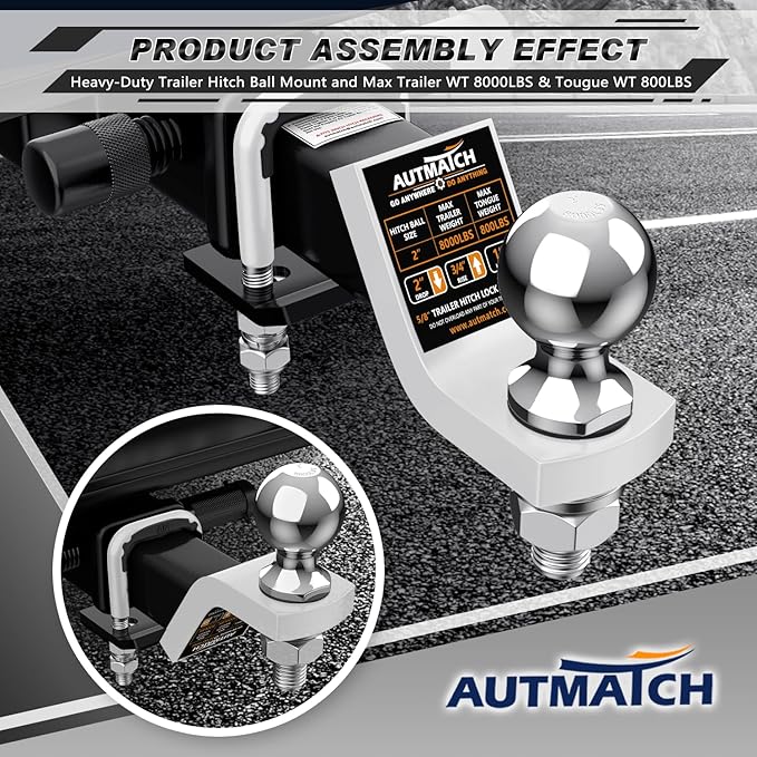 AUTMATCH Trailer Hitch Ball Mount with 2 Inch Hitch Ball - Fits 2" Receiver with Hitch Tightener, 8000Lbs Capacity Ball Hitch, 2-Inch Drop with 5/8" Hitch Lock Pin, White & Black