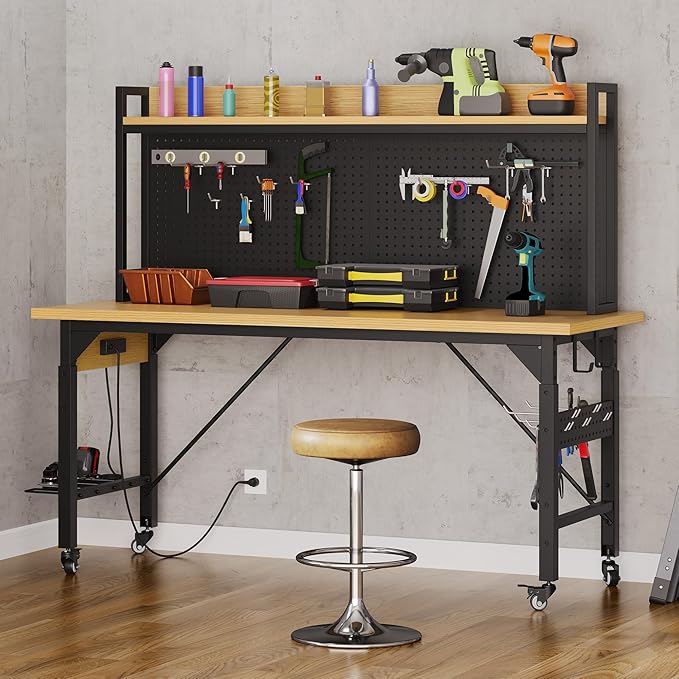 DWVO Adjustable Workbench with Pegboard 48", Heavy Duty Wood Top Work Bench with Wheels, 1600 LBS Load Capacity, Rolling Work Table with AC/USB Outlet, Hooks, Rack for Garage, Workshop, Office, Home