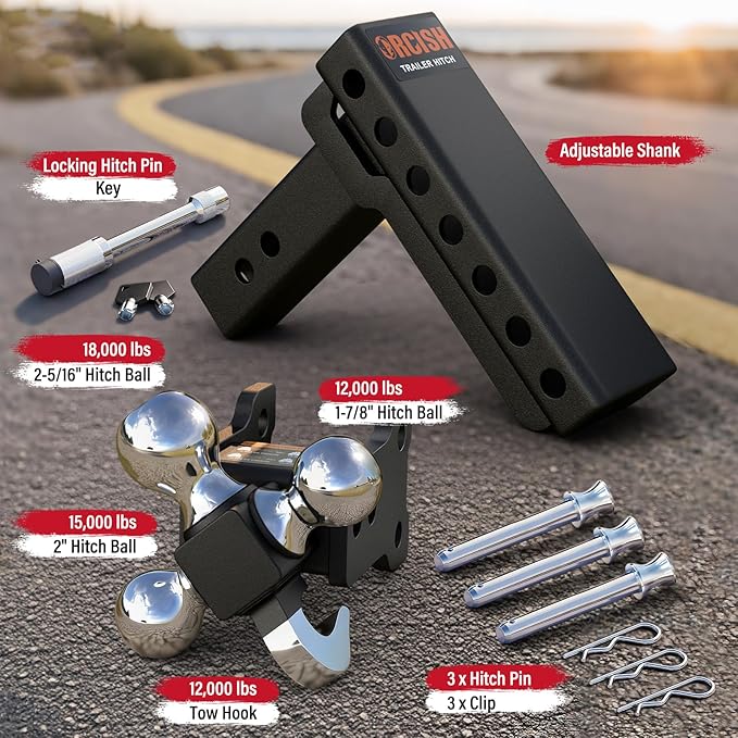 ORCISH Adjustable Rotating Trailer Hitch, 4-in-1 Tri-Ball & Tow Hook, 360° Swivel Ball Mount, 2.5" Receiver with 5" Drop/Rise, Ball Sizes: 1-7/8", 2", 2-5/16", Anti-Theft Lock, Fits Truck SUV RV