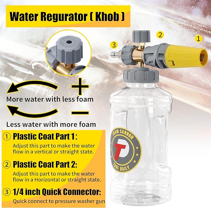 Tool Daily Foam Cannon with Pressure Washer Gun 5000 PSI, Power Washer Gun with 3/8'' Swivel Quick Connector, Adjustable Foam Blaster, M22 and 1/4 Inch Quick Connect, 1.5 Liter