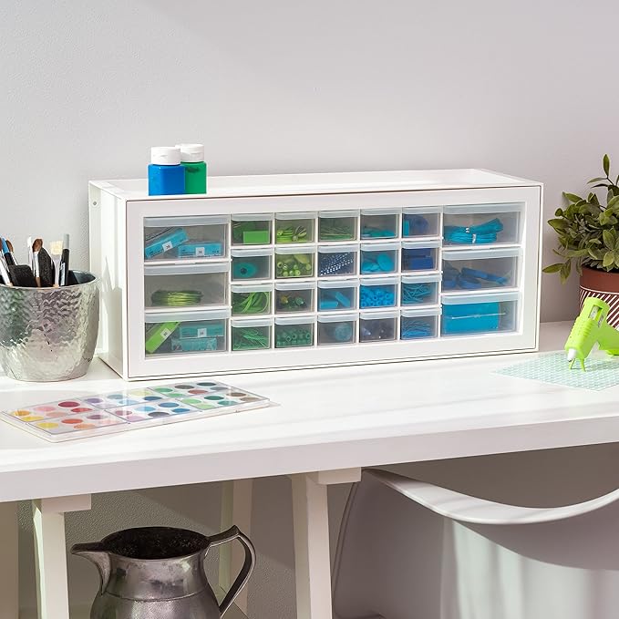 IRIS USA Plastic Storage Drawers, Made in USA, 26-Drawer Organizer Cabinet, Stackable Teacher Toolbox for Crafts, Beads, Stickers, Hardware, Nuts & Bolts, Scrapbook Supplies, Building Bricks – White