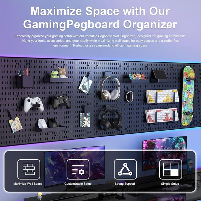 4 Pack Pegboard Wall Organizer Set, Black Modular Peg Board Organizer for Wall Storage, Versatile Wall Peg Board for Home Office, Garage, Craft Room & Gaming Setup