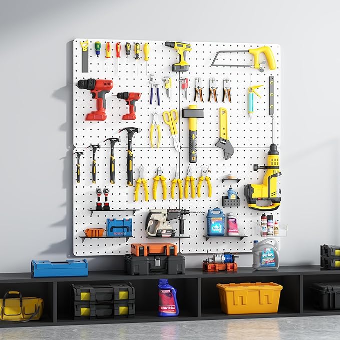 Peg Board, Total 32” x 32”, 68PCS Heavy Duty Metal Pegboard with Hooks, 4 Pack White Peg Board Panels, 50lbs Load Capacity Each, Pegboard Wall Organizer for Garage, Workshop, Craft Rooms