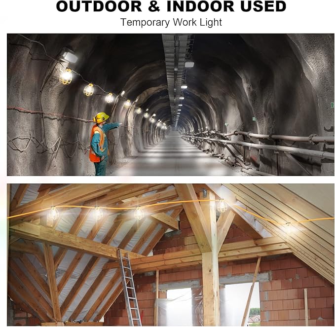 Construction String Lights, 50FT 50W 5 Bulbs Work Lights with E26 Base, IP65 Waterproof, 4000LM 6500K Indoor & Outdoor Temporary Lighting for Workshop, Mine cave, Job Site