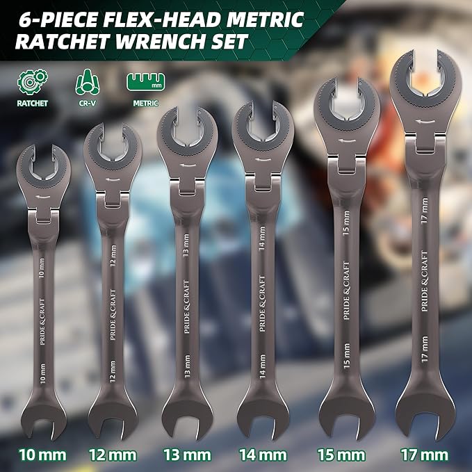 PRIDE&CRAFT 6-Piece Flex-head Ratcheting Wrench Set, Metric 10-17mm Tubing Wrench Set, CR-V Steel, Nickel Plating, Open-head Brake Line Wrench Set with Organizer Pouch