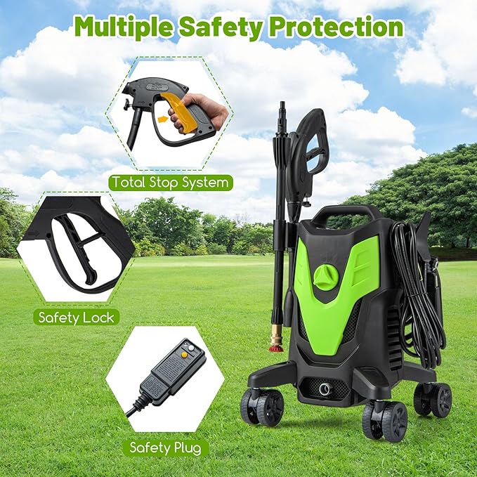 Goplus Electric Pressure Washer, 2400 PSI 1.7 GPM High Pressure Power Washer w/4 Quick Nozzles & Universal Wheels, Portable Pressure Washer IPX5 Car Wash Machine, Cleaning Garden Car Floor (Green)
