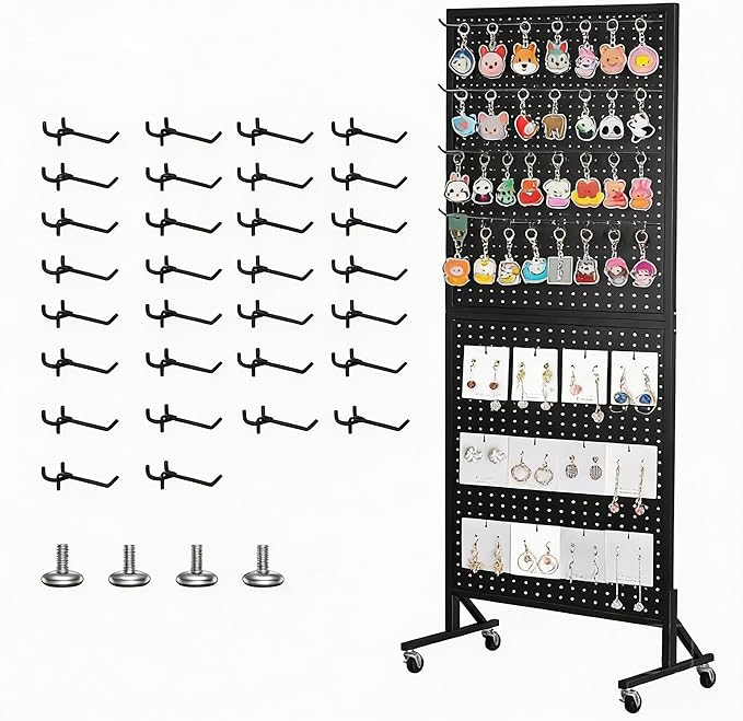 Peg Board Display Stand 24" X70” Metal Pegboard on Wheels Standing Rack Organizer Panels Units with 30 Hooks and T-Base for Ornament Retail & Vendors Craft Show Store Display