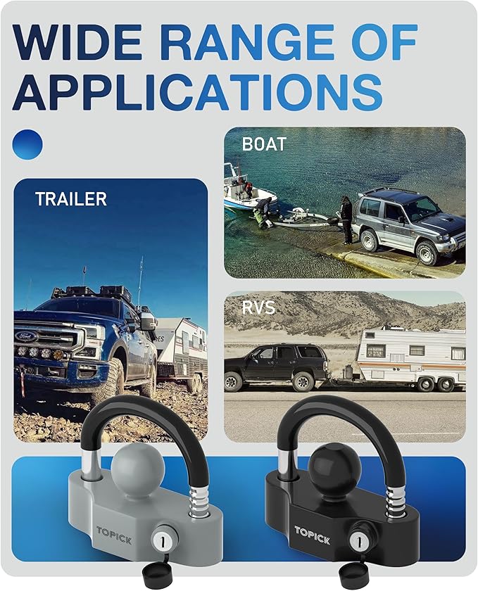 TOPICK Heavy-Duty Trailer Coupler Lock with PVC-Coated U-Bolt, Universal Fit for 1-7/8", 2", 2-5/16" Hitch Couplers, Anti-Theft Security for RV, Boat, Utility Trailers, Black