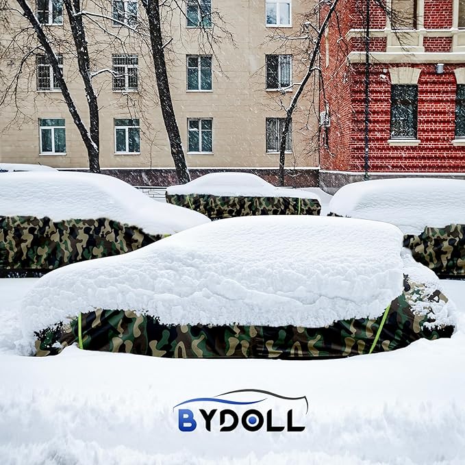 BYDOLL Car Cover Waterproof All Weather 6 Layers Snowproof Windproof Hail Protector Full Exterior Covers UV Protection 210D Oxford Universal Fit Sedan Outdoor Camo Automobiles Zipper Cotton Inside