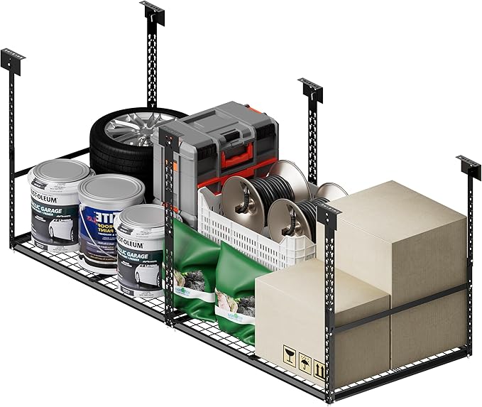 3x8 Ft Overhead Garage Storage Rack, 28-41 inch Height Adjustable Ceiling Mounted Organization Rack, 700 lbs Weight Capacity, 36"x96" Metal Rack for Garage Storage with Wire Decking