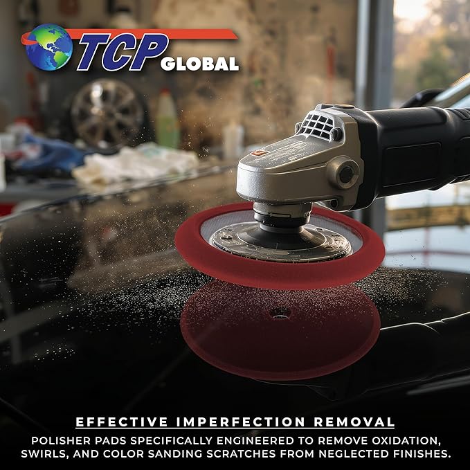 TCP Global 8" Red Foam Buffing Pad Extra Coarse Cutting Polish Hook and Loop Backing - Buffing Pad for Automotive, Marine, Truck, RV & Compound Cutting